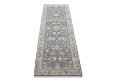 2'6x10 Slate, Gray, Sage Color Hand Knotted Oushak Wool Transitional Oriental Rug