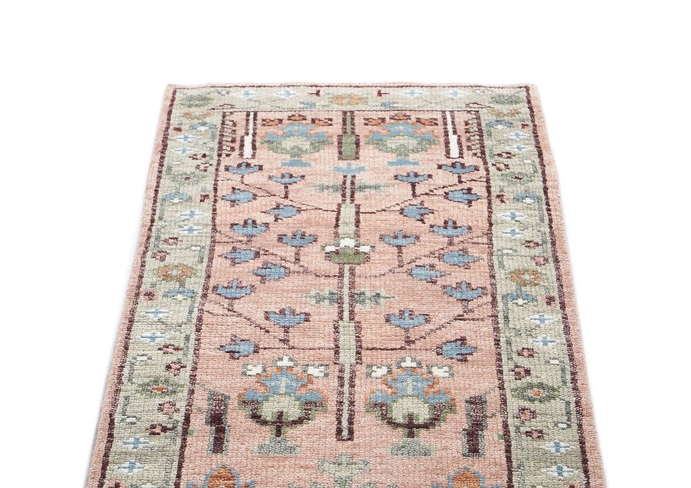 2'6x8 Blush, Gray, Blue Color Hand Knotted Oushak Wool Transitional Oriental Rug