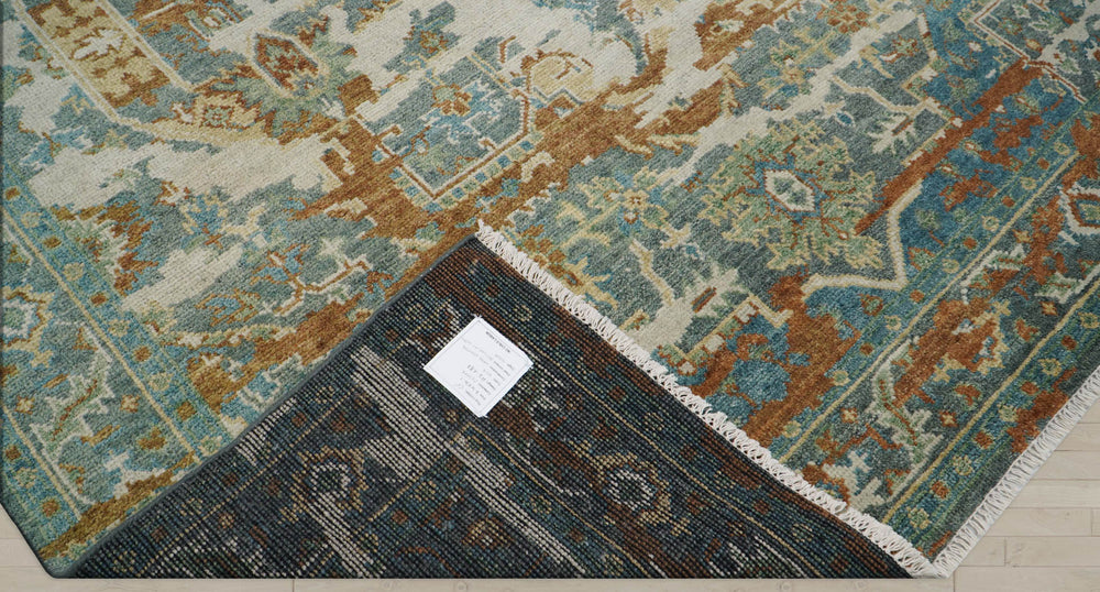 8x10 Beige, Rust, Aqua Color Hand Knotted 100% Wool Transitional Oriental Rug