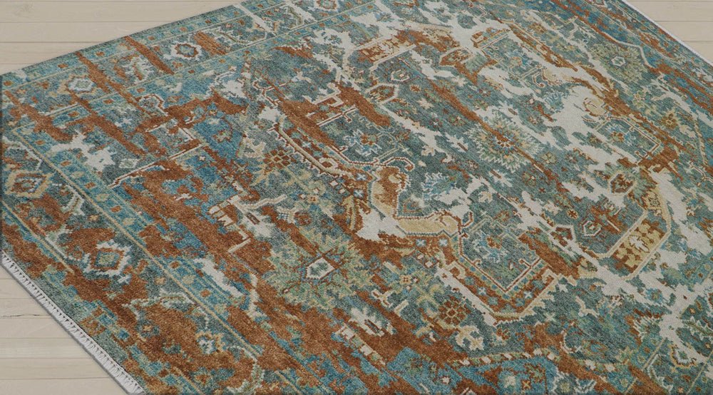 8x10 Beige, Rust, Aqua Color Hand Knotted 100% Wool Transitional Oriental Rug
