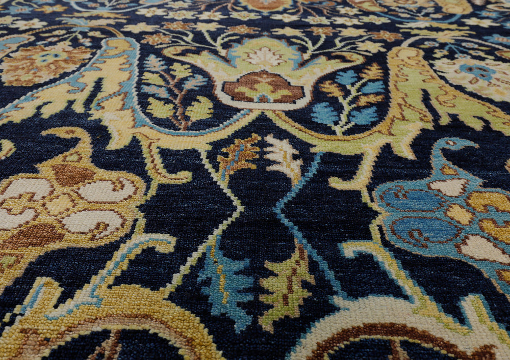 Multi Size Navy Mint Ivory Color Hand Knotted Oushak Wool Oriental Rug