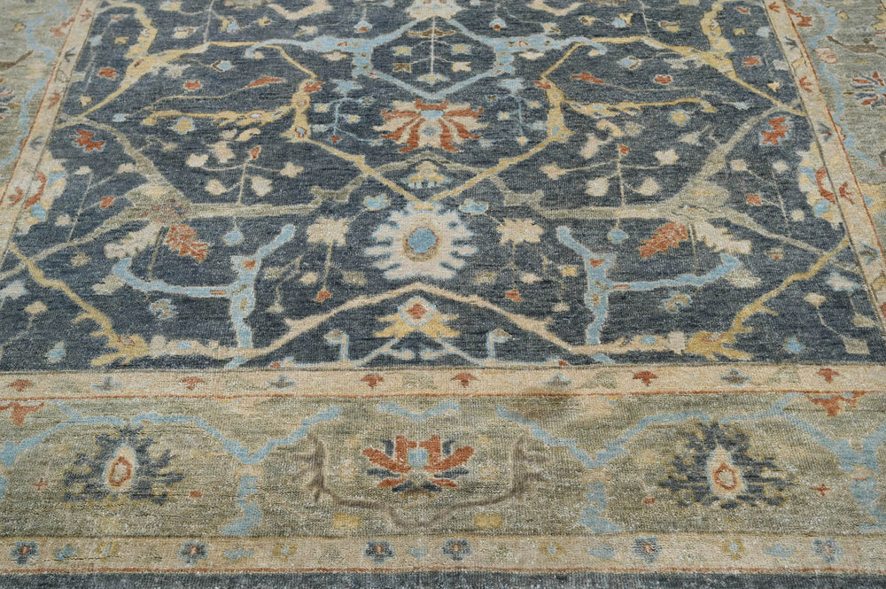 Multi Size Blue Moss Ivory Color Hand Knotted Oushak Wool Traditional Oriental Rug