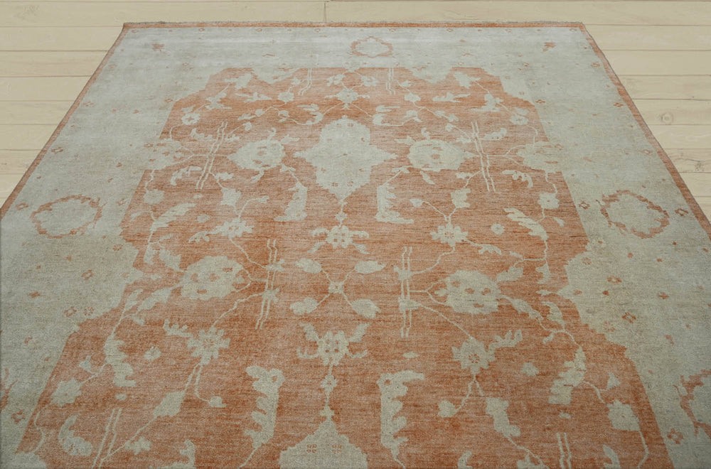 9x13 Peach, Gray, Beige Color Hand Knotted Oushak Wool Traditional Oriental Rug