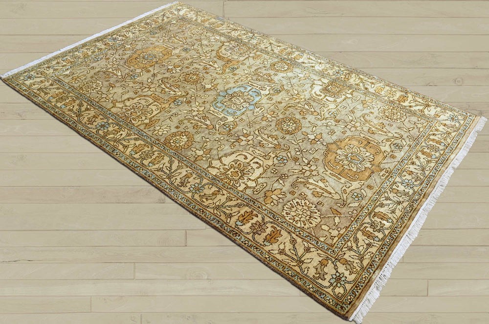 5x8 Gold, Beige, Blue Color Hand Knotted Oushak Wool Traditional Oriental Rug