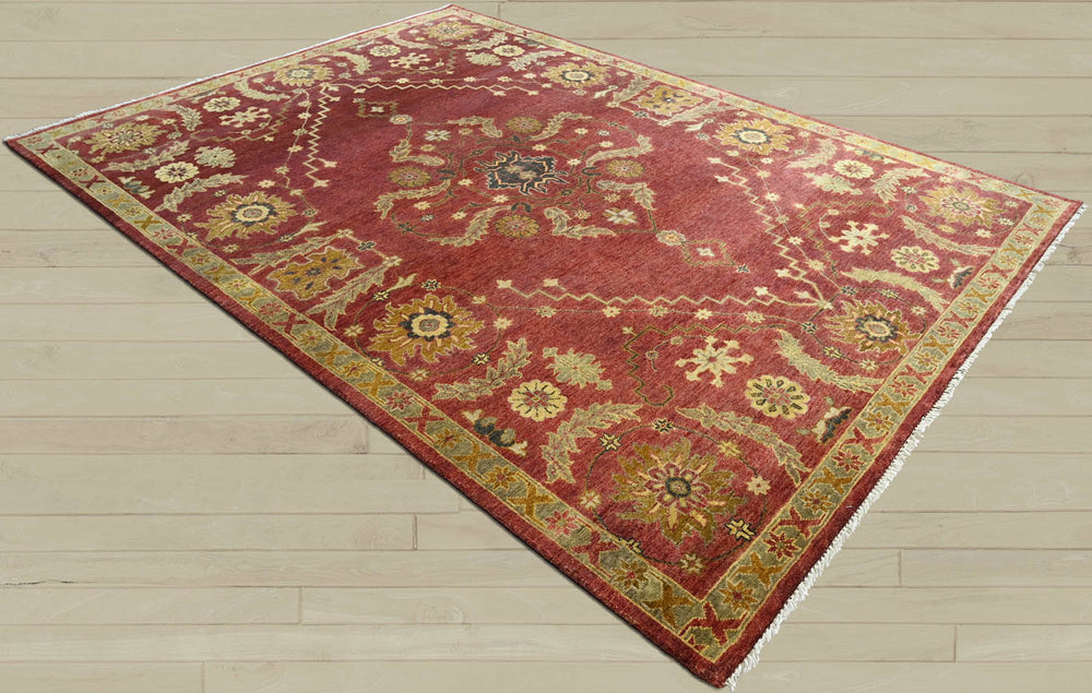9x12 Raspberrry, Sage, Gold Color Hand Knotted Oushak Wool Traditional Oriental Rug