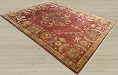 9x12 Raspberrry, Sage, Gold Color Hand Knotted Oushak Wool Traditional Oriental Rug