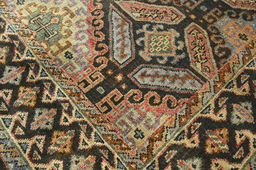 6x9 Gold, Forest Green, Peach Color Hand Knotted Wool Transitional Oriental Rug