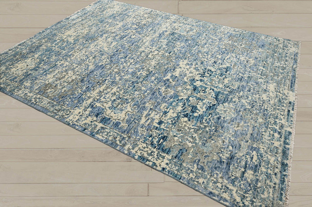 Multi Size Beige Blue Gray Color Hand Knotted Indo Oushak Wool Transitional Oriental Rug