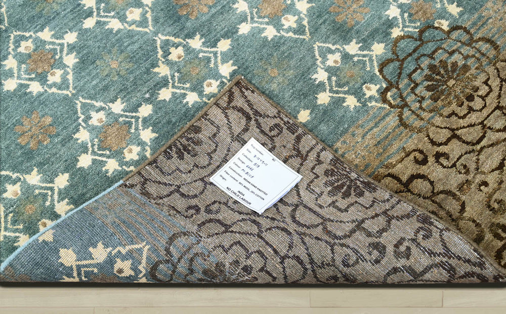 4x6 Teal, Tan, Ivory Color Hand Knotted Wool Transitional Oriental Rug