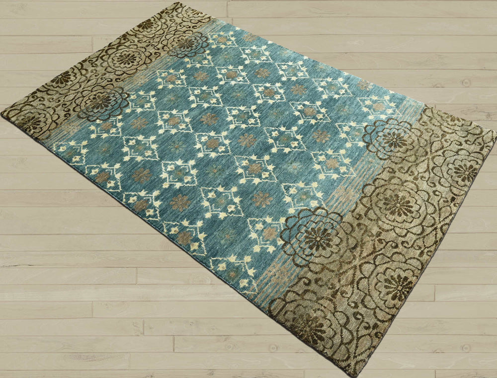 4x6 Teal, Tan, Ivory Color Hand Knotted Wool Transitional Oriental Rug