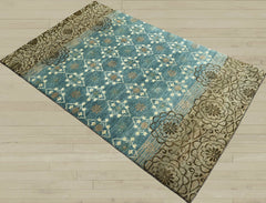 4x6 Teal, Tan, Ivory Color Hand Knotted Wool Transitional Oriental Rug