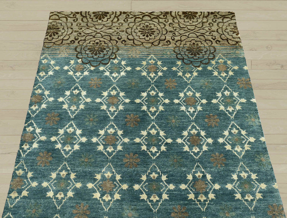 4x6 Teal, Tan, Ivory Color Hand Knotted Wool Transitional Oriental Rug