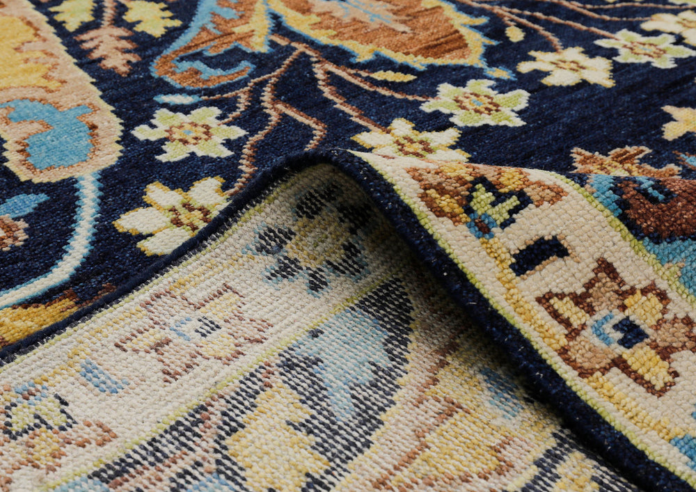 Multi Size Navy Mint Ivory Color Hand Knotted Oushak Wool Oriental Rug