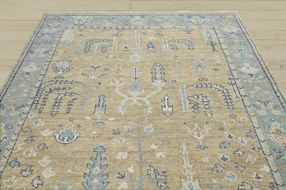 Multi Size Warm Beige Aqua Ivory Color Hand Knotted Oushak Wool Traditional Oriental Rug