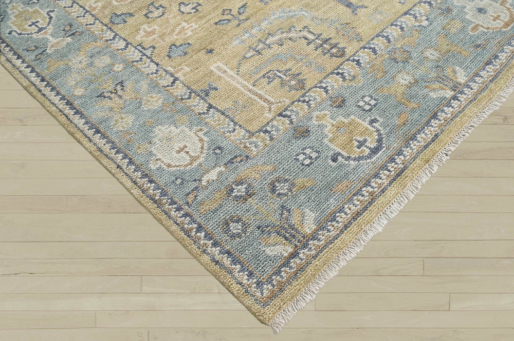 Multi Size Warm Beige Aqua Ivory Color Hand Knotted Oushak Wool Traditional Oriental Rug