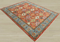 Multi Size Coral Blue Ivory Color Hand Knotted Oushak Wool Oriental Rug