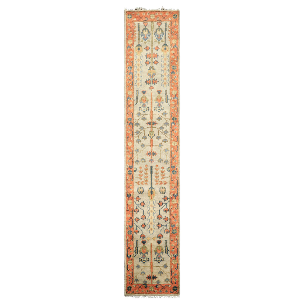2'6x12 Beige, Burnt Orange, Lime Color Hand Knotted Oushak Wool Traditional Oriental Rug