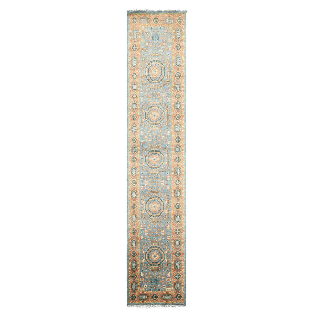 2'6x12 Aqua, Burnt Orange, Lime Color Hand Knotted Oushak Wool Traditional Oriental Rug