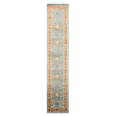 2'6x12 Aqua, Burnt Orange, Lime Color Hand Knotted Oushak Wool Traditional Oriental Rug