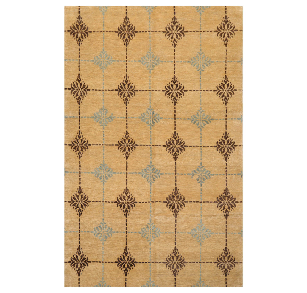 6x9 Tan, Brown, Blue Color Hand Knotted Tibetan 100% Wool Transitional Oriental Rug