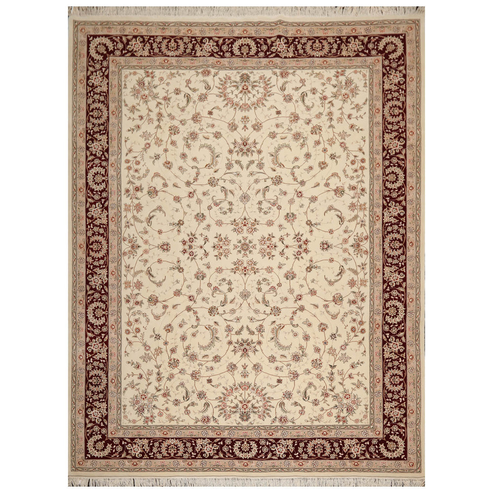 9x12 Cream, Maroon, Gray Color Hand Knotted Isfahan 100% Wool Traditional Oriental Rug