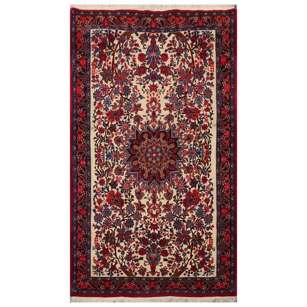 4x6 Ivory, Navy, Red Color Hand Knotted Bidjar 100% Wool Traditional Oriental Rug