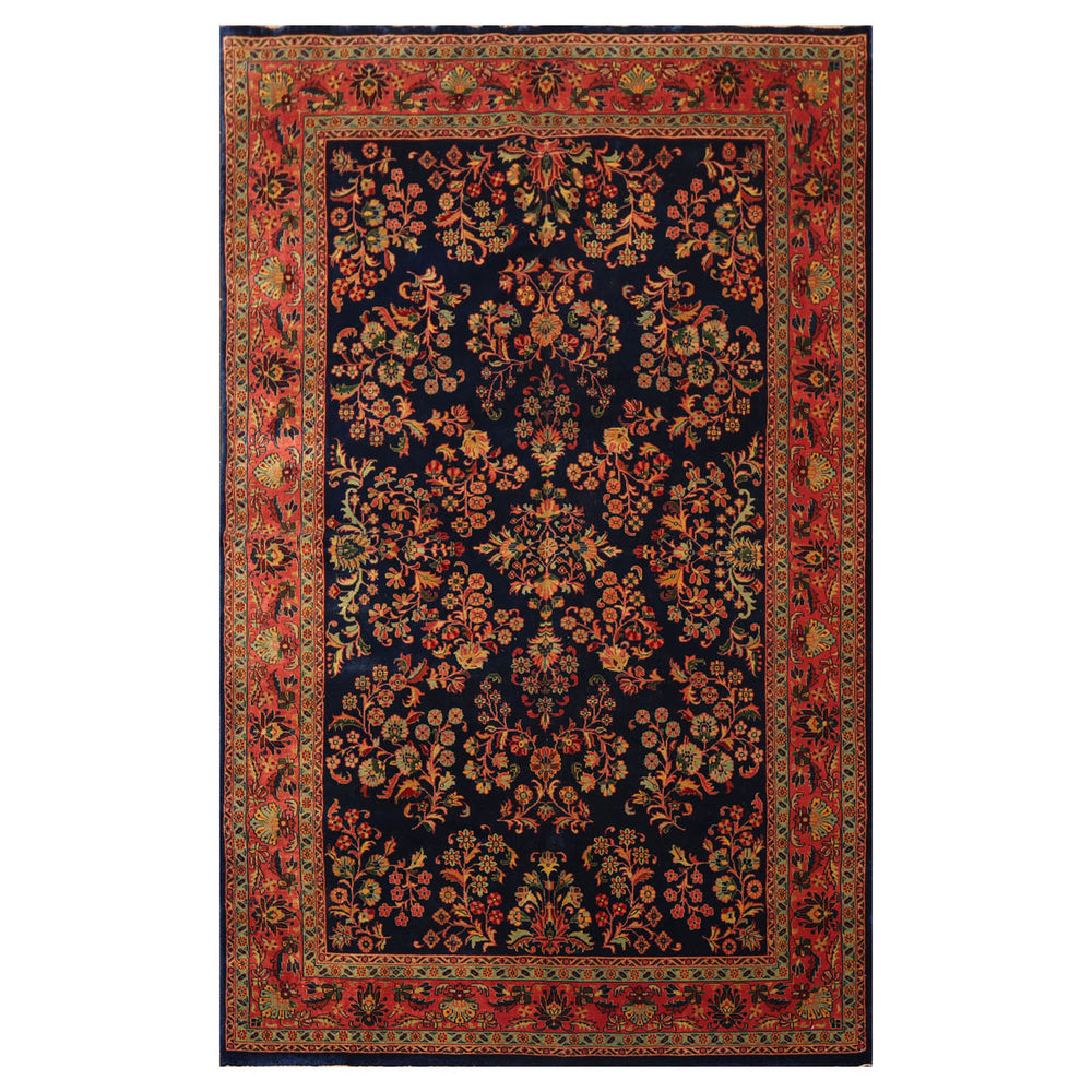 6x9 Navy, Antique Rose, Mint Color Hand Knotted Sarouk 100% Wool Traditional Oriental Rug