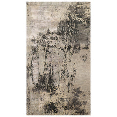 Knotted Rug Gray Ivory Hand Knotted 3'x5' Abstract Modern Contemporary Tibetan Wool and Silk Oriental Area Rug