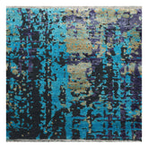 Knotted Rug Turquoise Gray Hand Knotted Square Tibetan Modern Contemporary Wool and Silk Oriental Area Rug