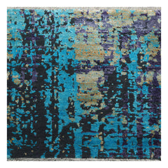 Knotted Rug Turquoise Gray Hand Knotted Square Tibetan Modern Contemporary Wool and Silk Oriental Area Rug