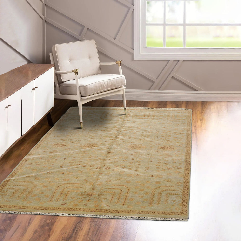 5x8 Moss, Gold, Brown Color Hand Knotted 100% Wool Transitional Oriental Rug