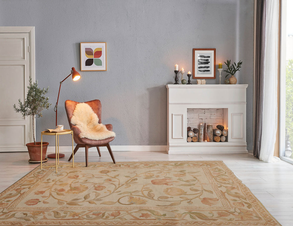6x9 Beige, Tan, Light Gold Color Hand Knotted 100% Wool Traditional Oriental Rug