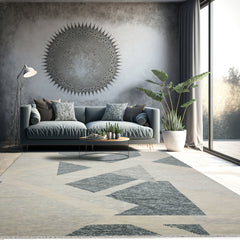 9x12 Ivory, Gray, Blue Color Hand Knotted Tibetan 100% Wool Modern Oriental Rug