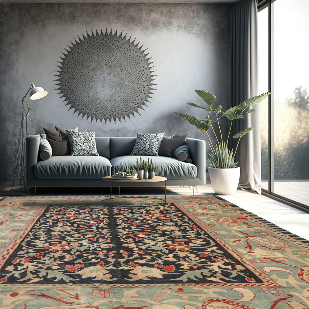 10x14 Black, Pale Aqua, Rust Color Hand Knotted 100% Wool Traditional Oriental Rug