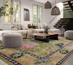 Knotted Rug Green Red Hand Knotted Multi Size Wool Arts and Crafts Oushak Traditional Rugs
