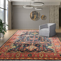 Multi Size Blue Coral Orange Color Hand Knotted Oushak Wool Oriental Rug