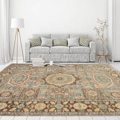 8x10 Taupe, Teal, Gold Color Hand Knotted 100% Wool Traditional Oriental Rug