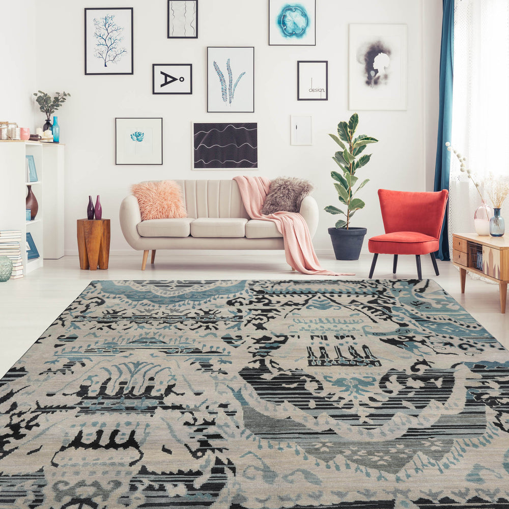 8x11 Gray Beige, Charcoal, Blue Color Hand Knotted 100% Wool Modern Oriental Rug