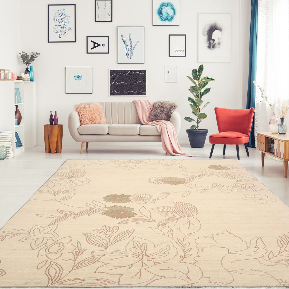 6x9 Ivory, Olive Green, Brown Color Hand Knotted Tibetan Wool & Silk Transitional Oriental Rug