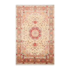Knotted Rug Ivory Peach Hand Knotted 6'x9' Tabriz Traditional 300 KPSI Wool and Silk Oriental Area Rug