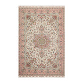 Knotted Rug Ivory Blush Hand Knotted 6'x9' Tabriz Master Weaver Signed Traditional 400 KPSI Wool and Silk Oriental Area Rug