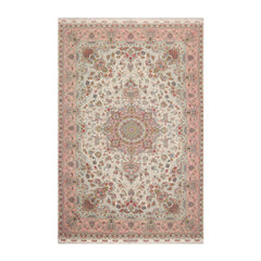 Knotted Rug Ivory Blush Hand Knotted 6'x9' Tabriz Master Weaver Signed Traditional 400 KPSI Wool and Silk Oriental Area Rug