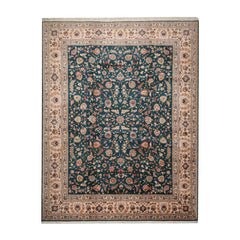 Knotted Rug Teal Beige Hand Knotted 10'x14' Tabriz Traditional 400 KPSI Wool and Silk Oriental Area Rug