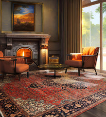 9x12 Rose, Midnight Blue, Ivory Color Hand Knotted Ferahan 100% Wool Traditional Oriental Rug