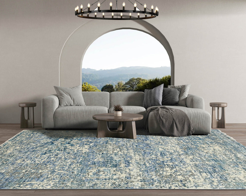 Multi Size Beige Blue Gray Color Hand Knotted Indo Oushak Wool Transitional Oriental Rug