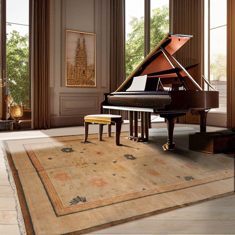6x9 Beige, Peach, Teal Color Hand Knotted 100% Wool Traditional Oriental Rug