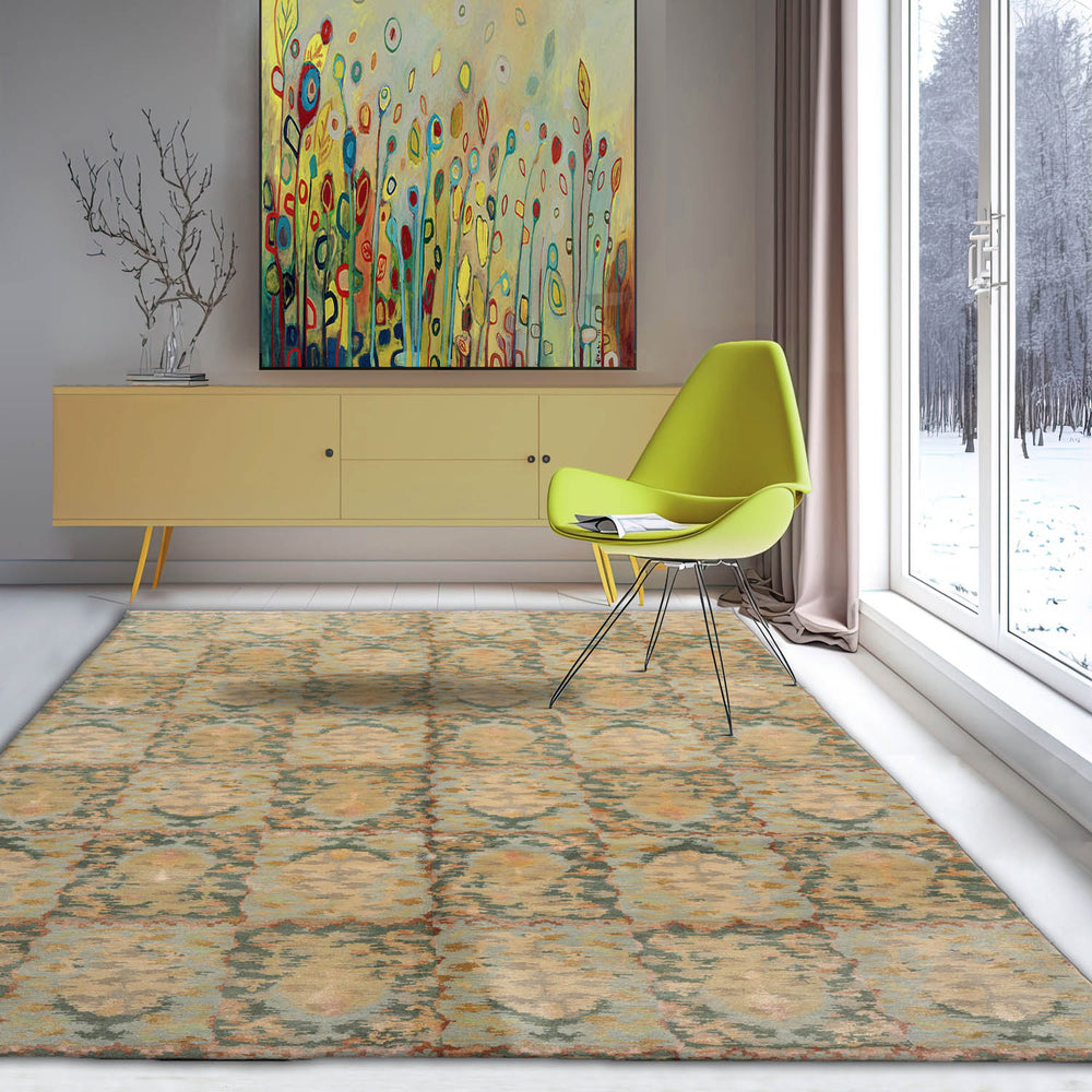 6x9 Aqua, Teal, Gold Color Hand Knotted Tibetan 100% Wool Contemporary Oriental Rug