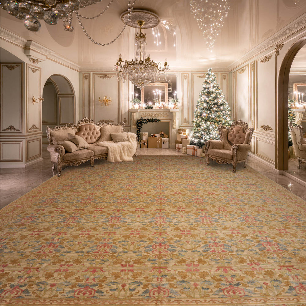 Palace Beige, Blue, Rose Color Hand Knotted 100% Wool Transitional Oriental Rug