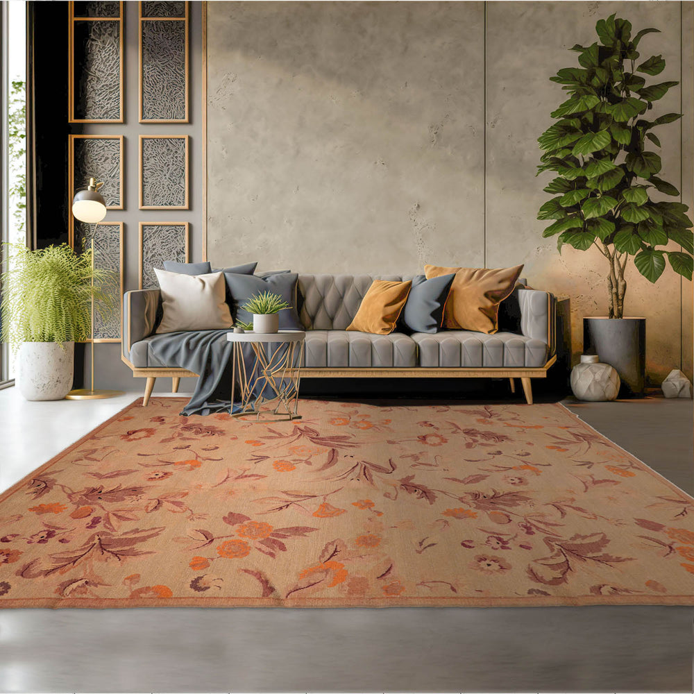 9x12 Tan, Taupe, Orange Color Hand Knotted 100% Wool Transitional Oriental Rug