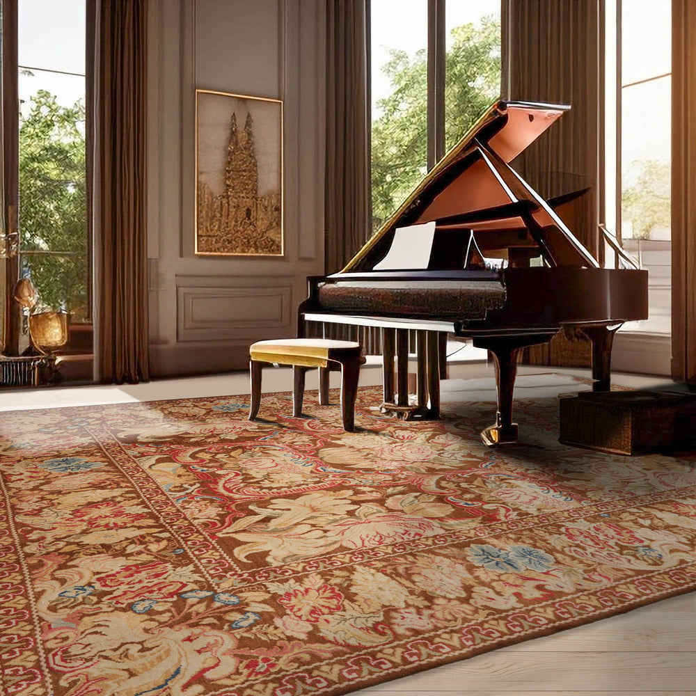 9x13 Brown, Beige, Rose Color Hand Knotted Turkish Oushak 100% Wool Traditional Oriental Rug